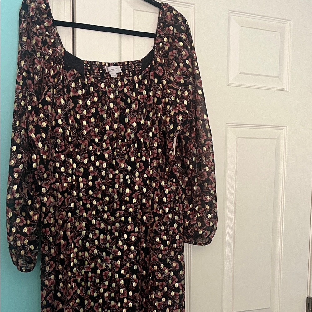 LOFT Black Floral Long-Sleeve Midi Dress with Gold Accents